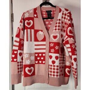 Hot Topic Sweet Society Strawberry Sweater Heart Plaid Patchwork Cardigan Large